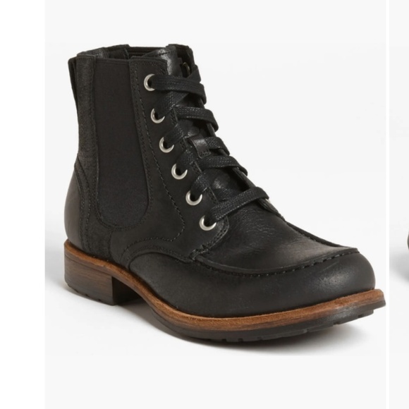 RARE UGG Australia Jarrett Leather Boots Men’s 10 Black Elastic Lace Up Moc Toe - Picture 1 of 15